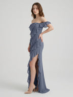 Stormy Chiffon Column Off-the-Shoulder Back Zip Floor-Length Bridesmaid Dress with Ruffle - Curvevia