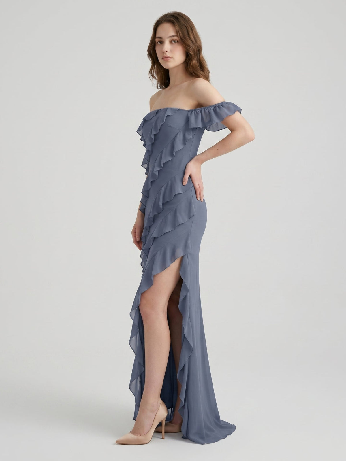 Stormy Chiffon Column Off-the-Shoulder Back Zip Floor-Length Bridesmaid Dress with Ruffle - Curvevia