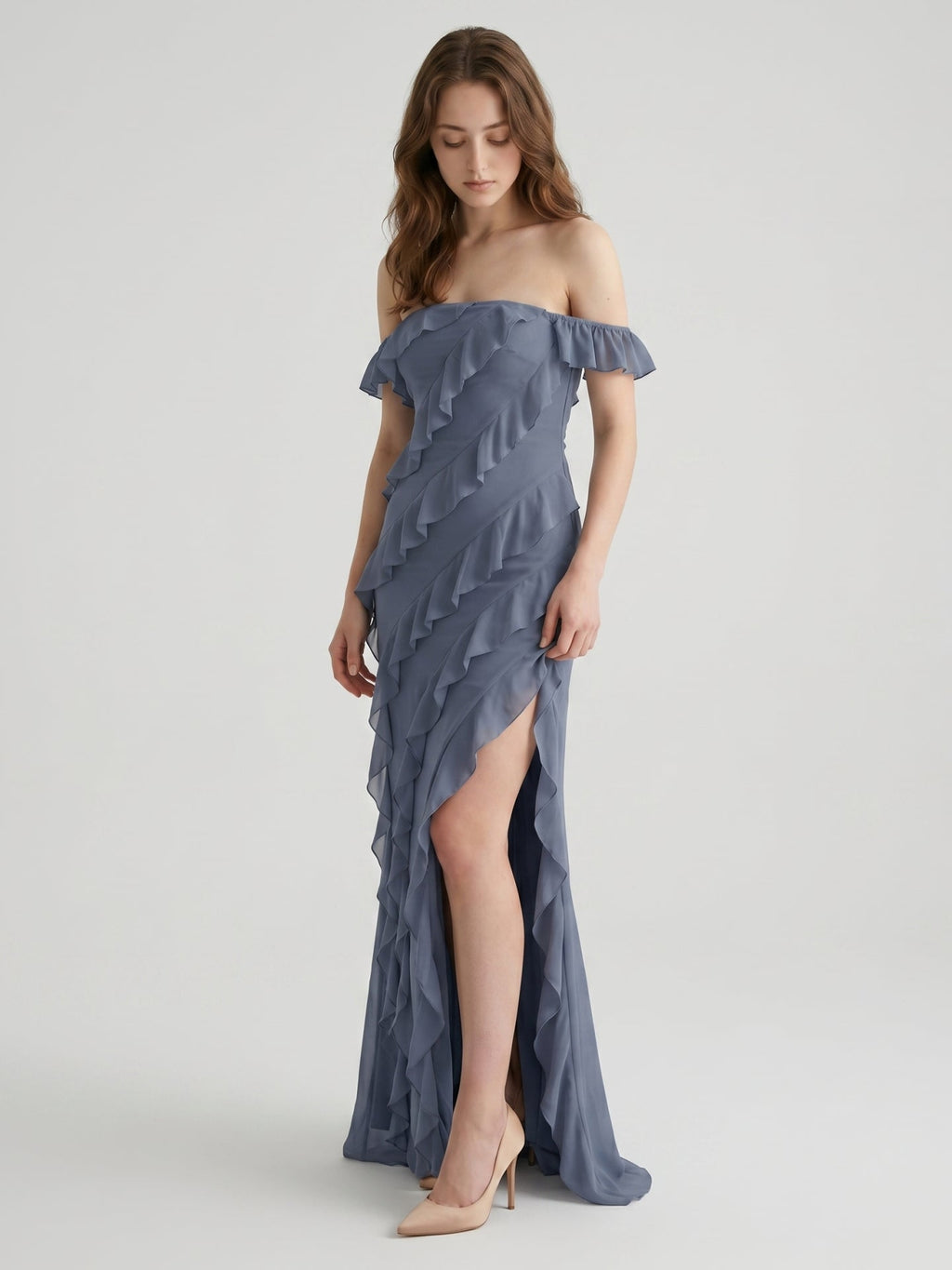 Stormy Chiffon Column Off-the-Shoulder Back Zip Floor-Length Bridesmaid Dress with Ruffle - Curvevia