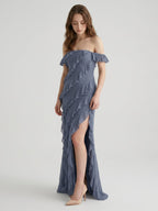 Stormy Chiffon Column Off-the-Shoulder Back Zip Floor-Length Bridesmaid Dress with Ruffle - Curvevia