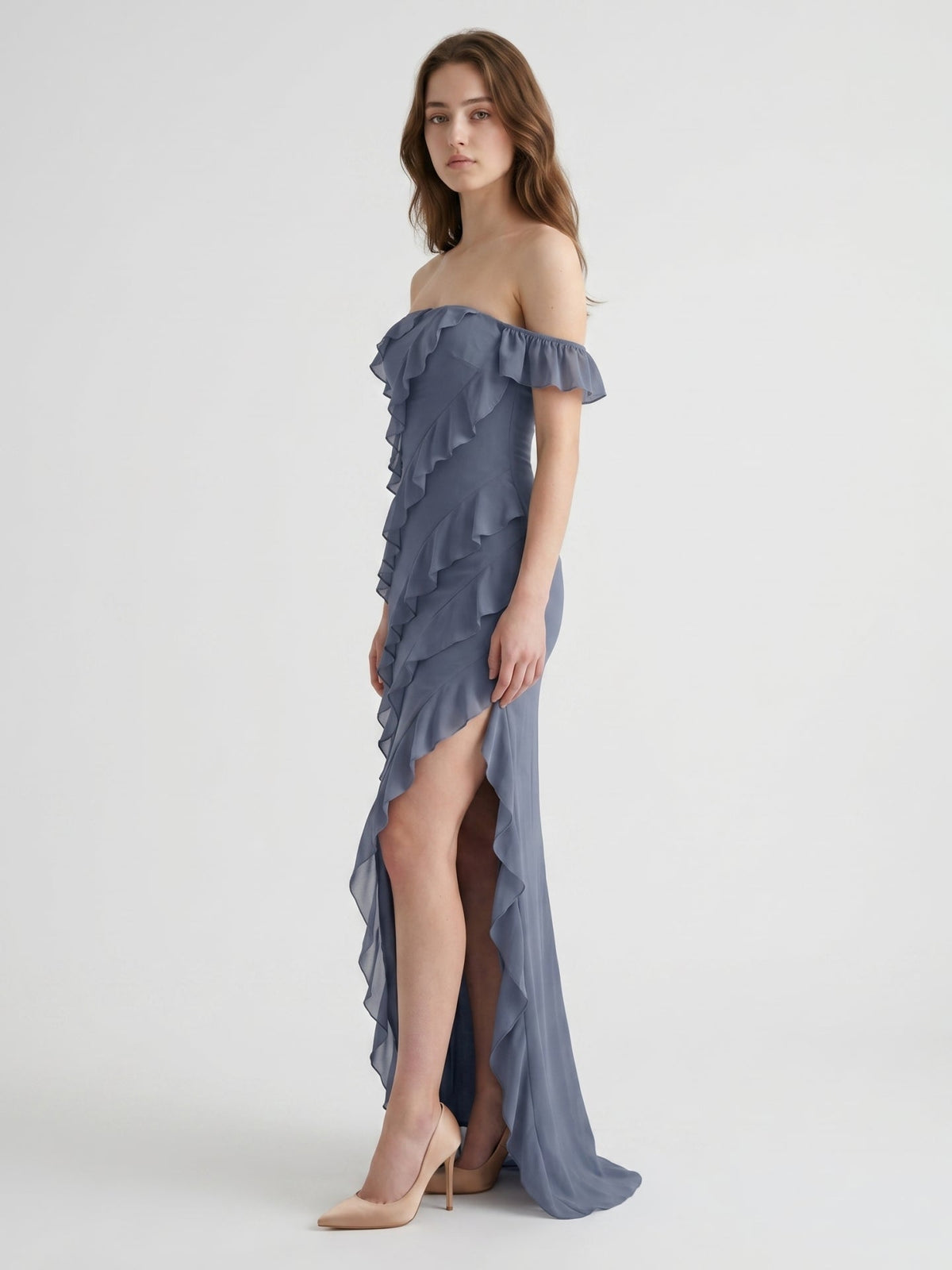 Stormy Chiffon Column Off-the-Shoulder Back Zip Floor-Length Bridesmaid Dress with Ruffle - Curvevia
