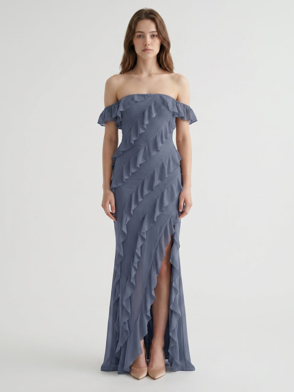 Stormy Chiffon Column Off-the-Shoulder Back Zip Floor-Length Bridesmaid Dress with Ruffle - Curvevia
