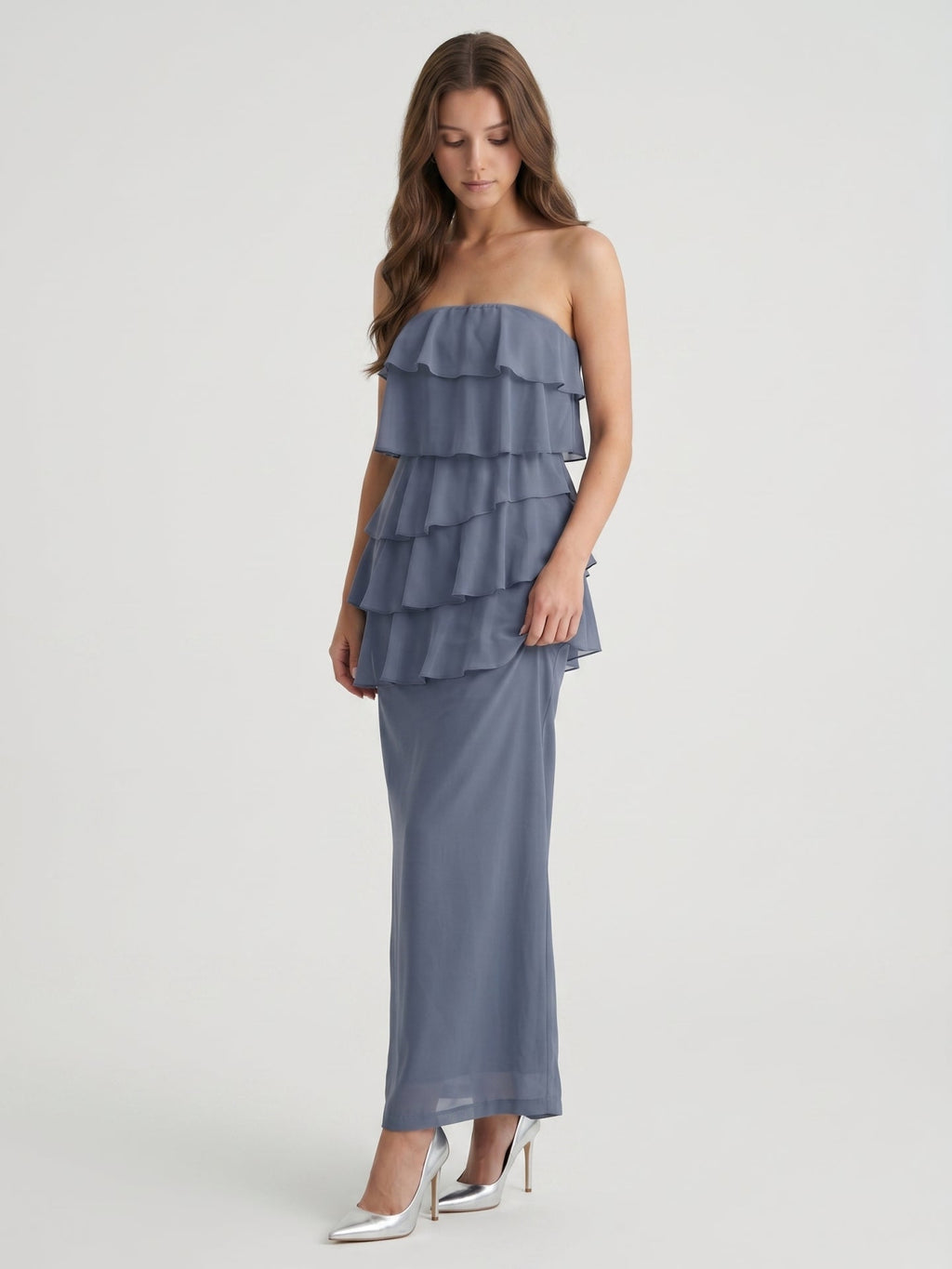 Stormy Chiffon Column Straight Neck Back Zip Floor-Length Bridesmaid Dress with Ruffle - Curvevia