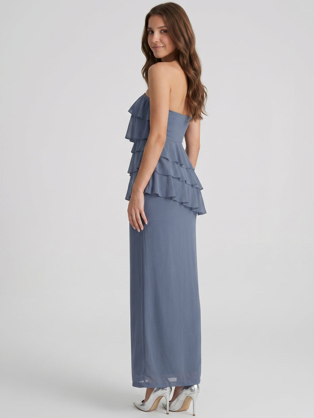 Stormy Chiffon Column Straight Neck Back Zip Floor-Length Bridesmaid Dress with Ruffle - Curvevia