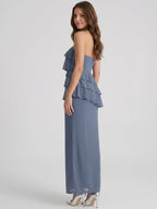 Stormy Chiffon Column Straight Neck Back Zip Floor-Length Bridesmaid Dress with Ruffle - Curvevia