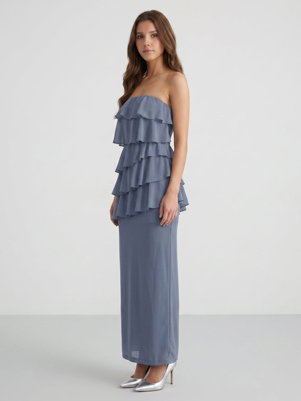 Stormy Chiffon Column Straight Neck Back Zip Floor-Length Bridesmaid Dress with Ruffle - Curvevia
