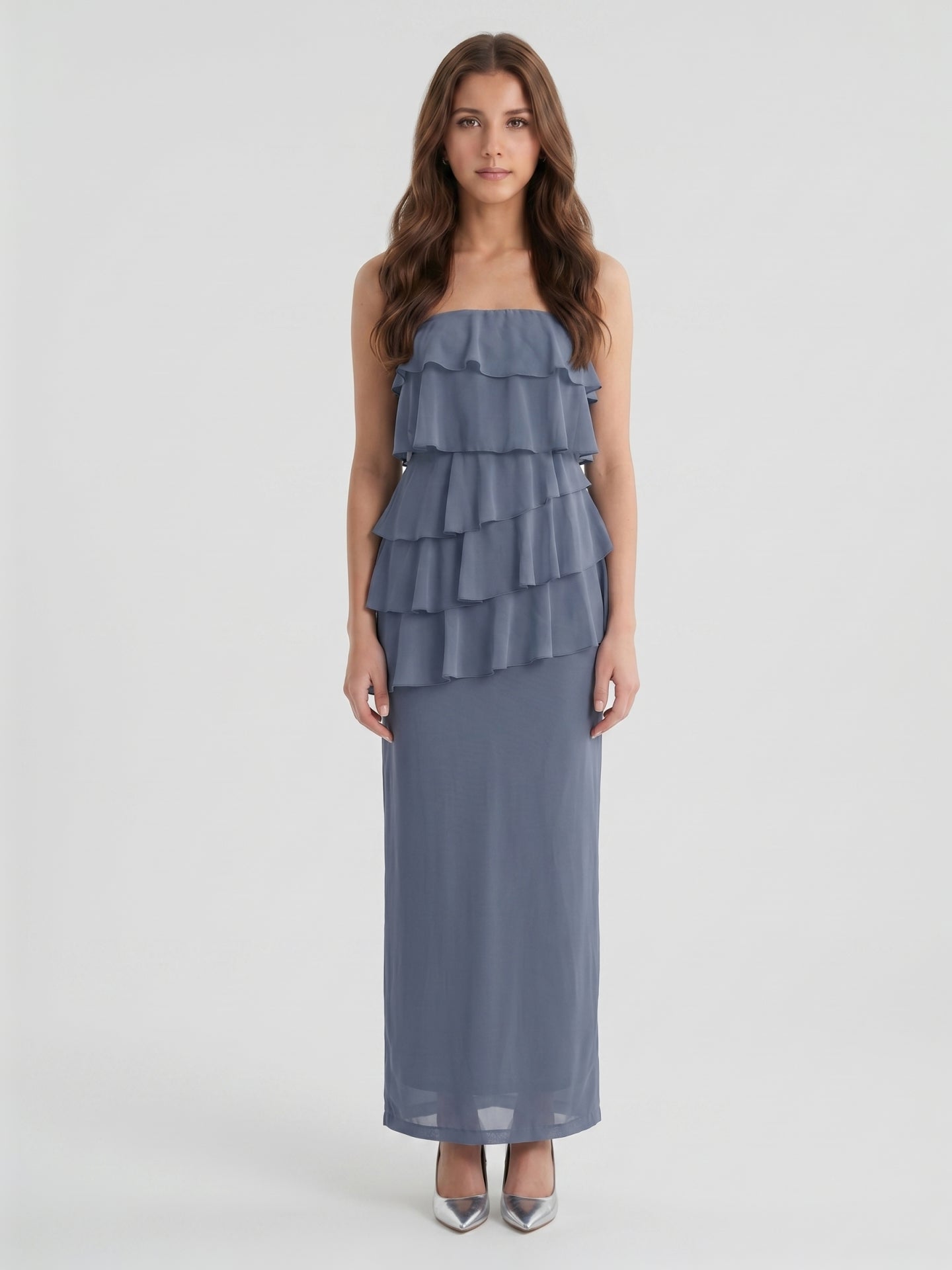 Stormy Chiffon Column Straight Neck Back Zip Floor-Length Bridesmaid Dress with Ruffle - Curvevia