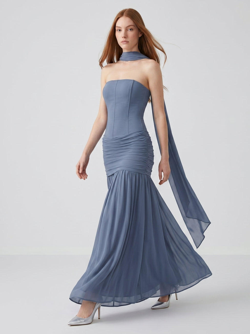 Stormy Chiffon Mermaid Straight Neck Back Zip Floor-Length Bridesmaid Dress with Pleated Detail - Curvevia