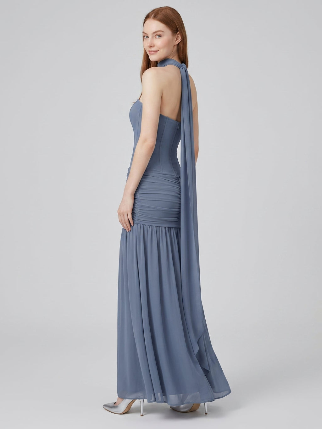 Stormy Chiffon Mermaid Straight Neck Back Zip Floor-Length Bridesmaid Dress with Pleated Detail - Curvevia