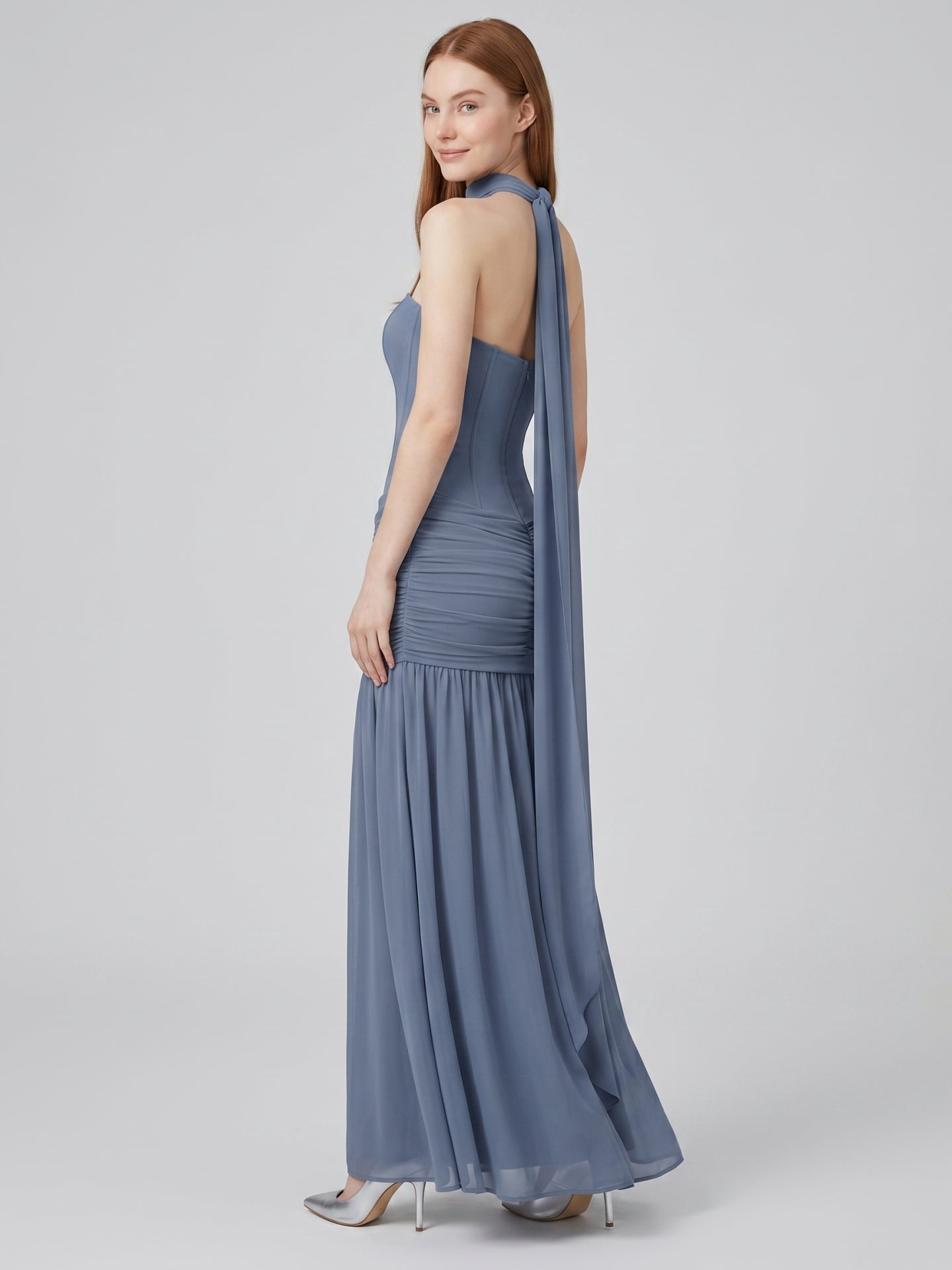 Stormy Chiffon Mermaid Straight Neck Back Zip Floor-Length Bridesmaid Dress with Pleated Detail - Curvevia