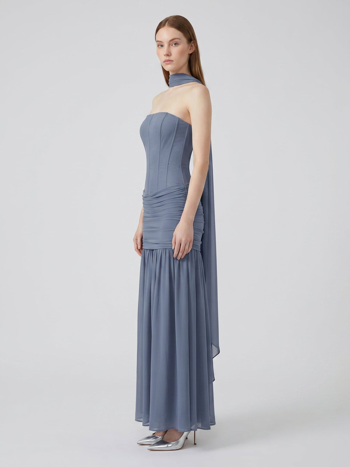 Stormy Chiffon Mermaid Straight Neck Back Zip Floor-Length Bridesmaid Dress with Pleated Detail - Curvevia