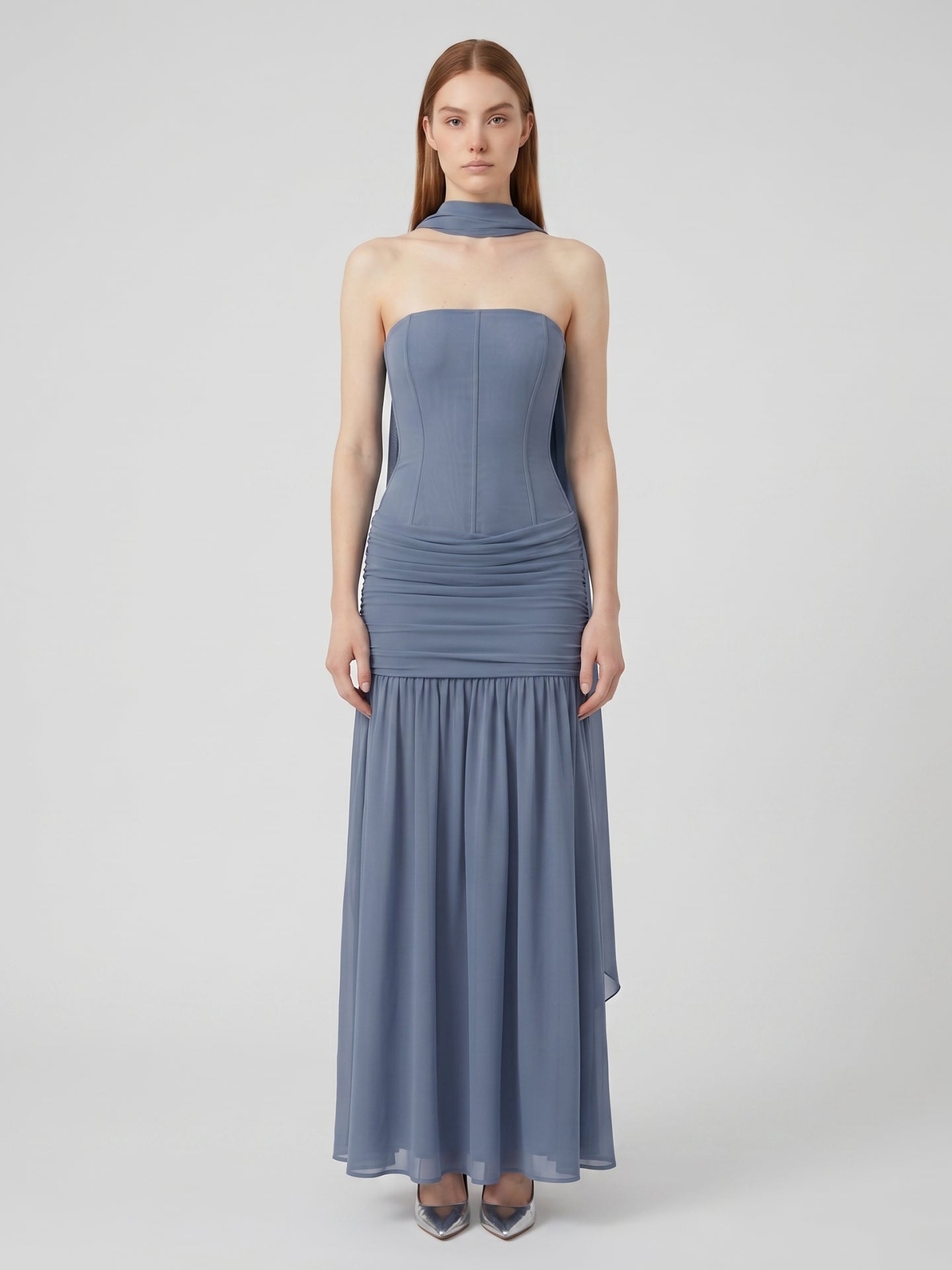 Stormy Chiffon Mermaid Straight Neck Back Zip Floor-Length Bridesmaid Dress with Pleated Detail - Curvevia
