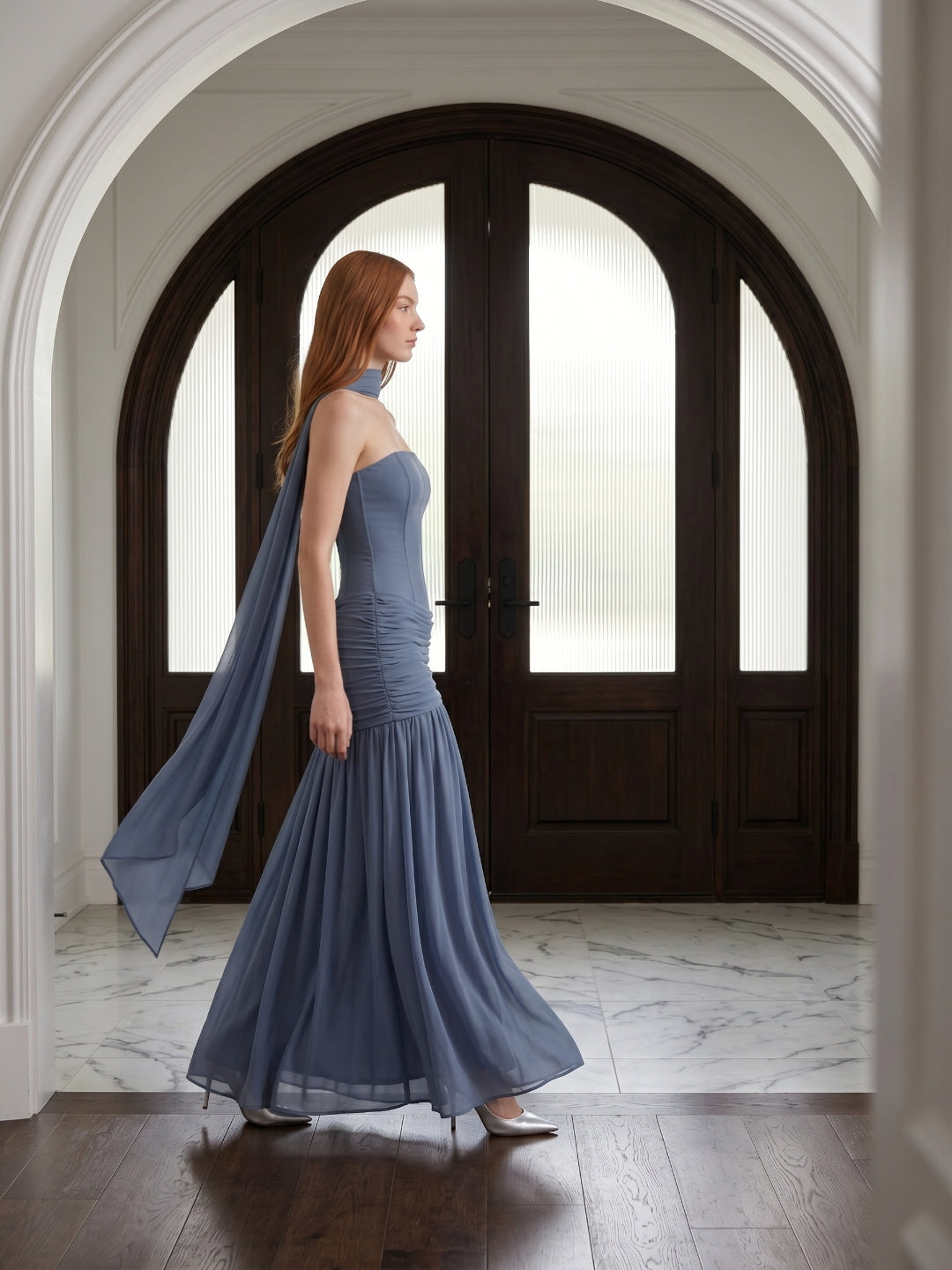 Stormy Chiffon Mermaid Straight Neck Back Zip Floor-Length Bridesmaid Dress with Pleated Detail - Curvevia