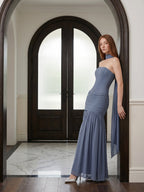 Stormy Chiffon Mermaid Straight Neck Back Zip Floor-Length Bridesmaid Dress with Pleated Detail - Curvevia