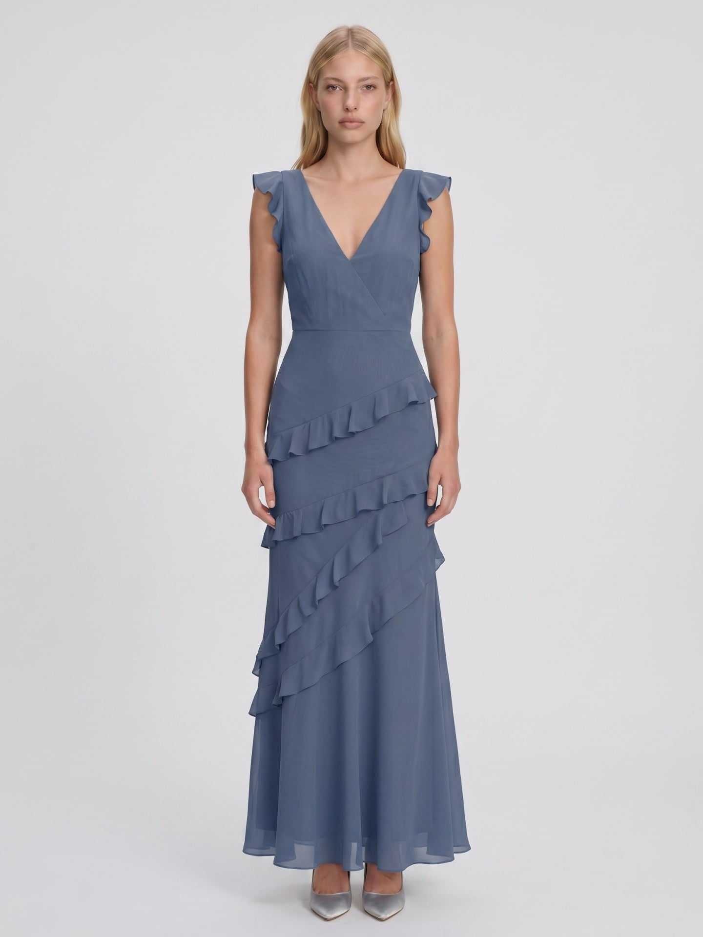Stormy Chiffon Mermaid V-Neck V-Back Floor-Length Bridesmaid Dress - Curvevia