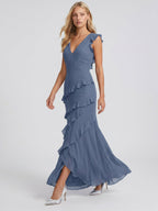 Stormy Chiffon Mermaid V-Neck V-Back Floor-Length Bridesmaid Dress - Curvevia