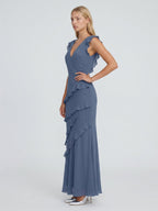 Stormy Chiffon Mermaid V-Neck V-Back Floor-Length Bridesmaid Dress - Curvevia