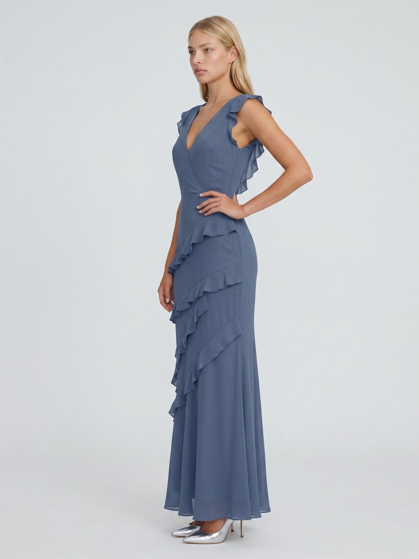 Stormy Chiffon Mermaid V-Neck V-Back Floor-Length Bridesmaid Dress - Curvevia