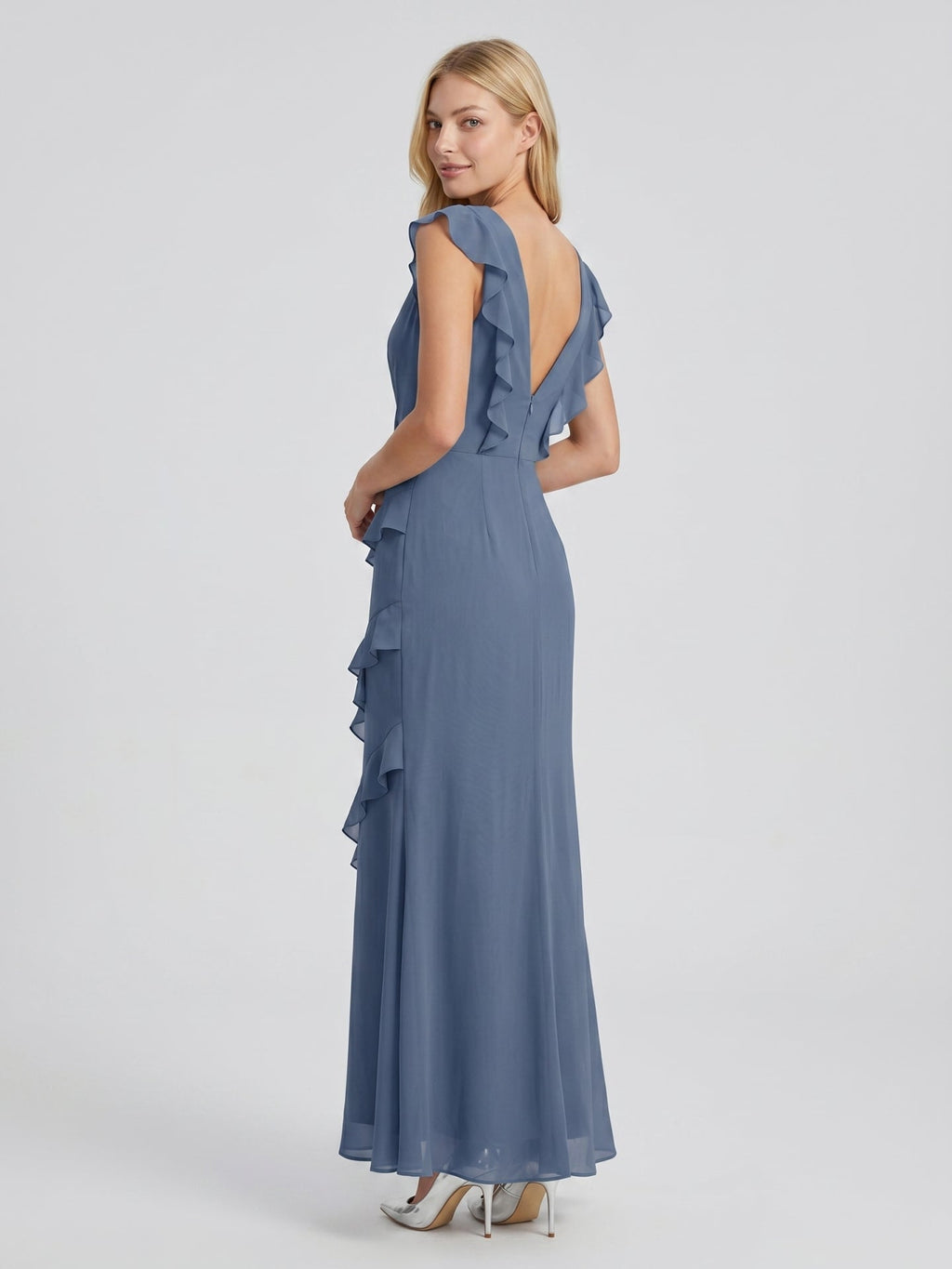 Stormy Chiffon Mermaid V-Neck V-Back Floor-Length Bridesmaid Dress - Curvevia