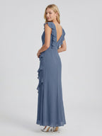Stormy Chiffon Mermaid V-Neck V-Back Floor-Length Bridesmaid Dress - Curvevia