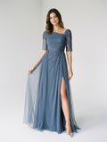 Stormy Chiffon A-Line Straight Neck Back Zip Floor-Length Dress with Sequins - Curvevia