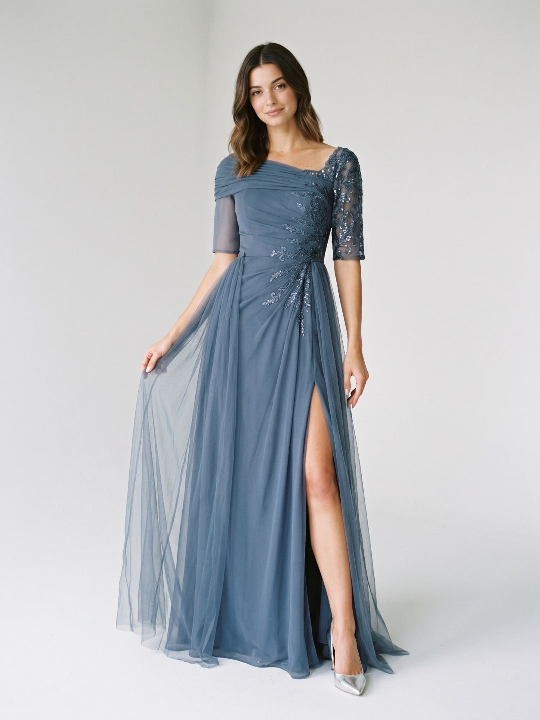 Stormy Chiffon A-Line Straight Neck Back Zip Floor-Length Dress with Sequins - Curvevia