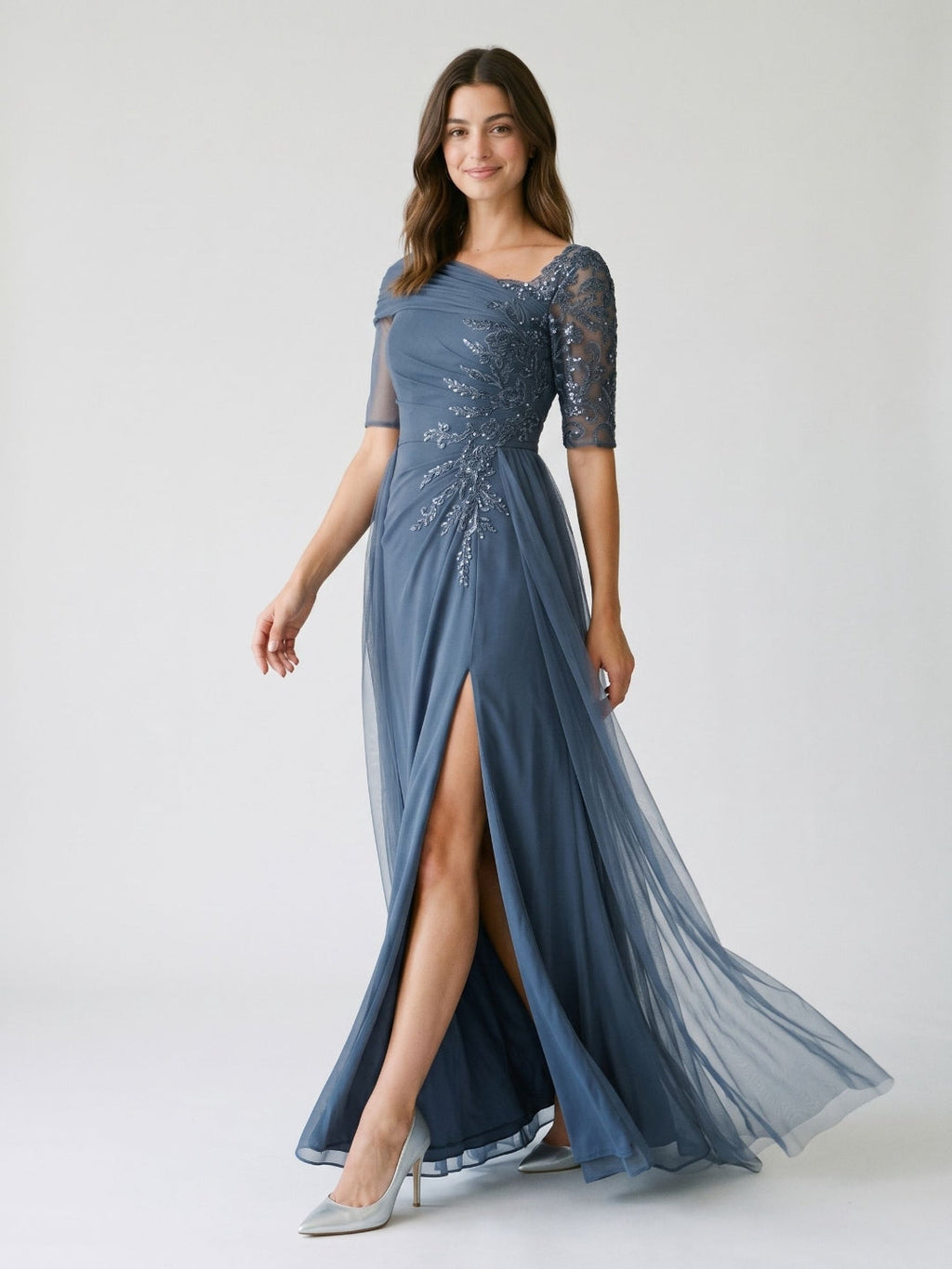 Stormy Chiffon A-Line Straight Neck Back Zip Floor-Length Dress with Sequins - Curvevia