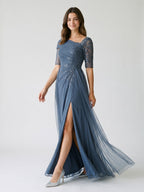 Stormy Chiffon A-Line Straight Neck Back Zip Floor-Length Dress with Sequins - Curvevia