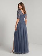 Stormy Chiffon A-Line Straight Neck Back Zip Floor-Length Dress with Sequins - Curvevia