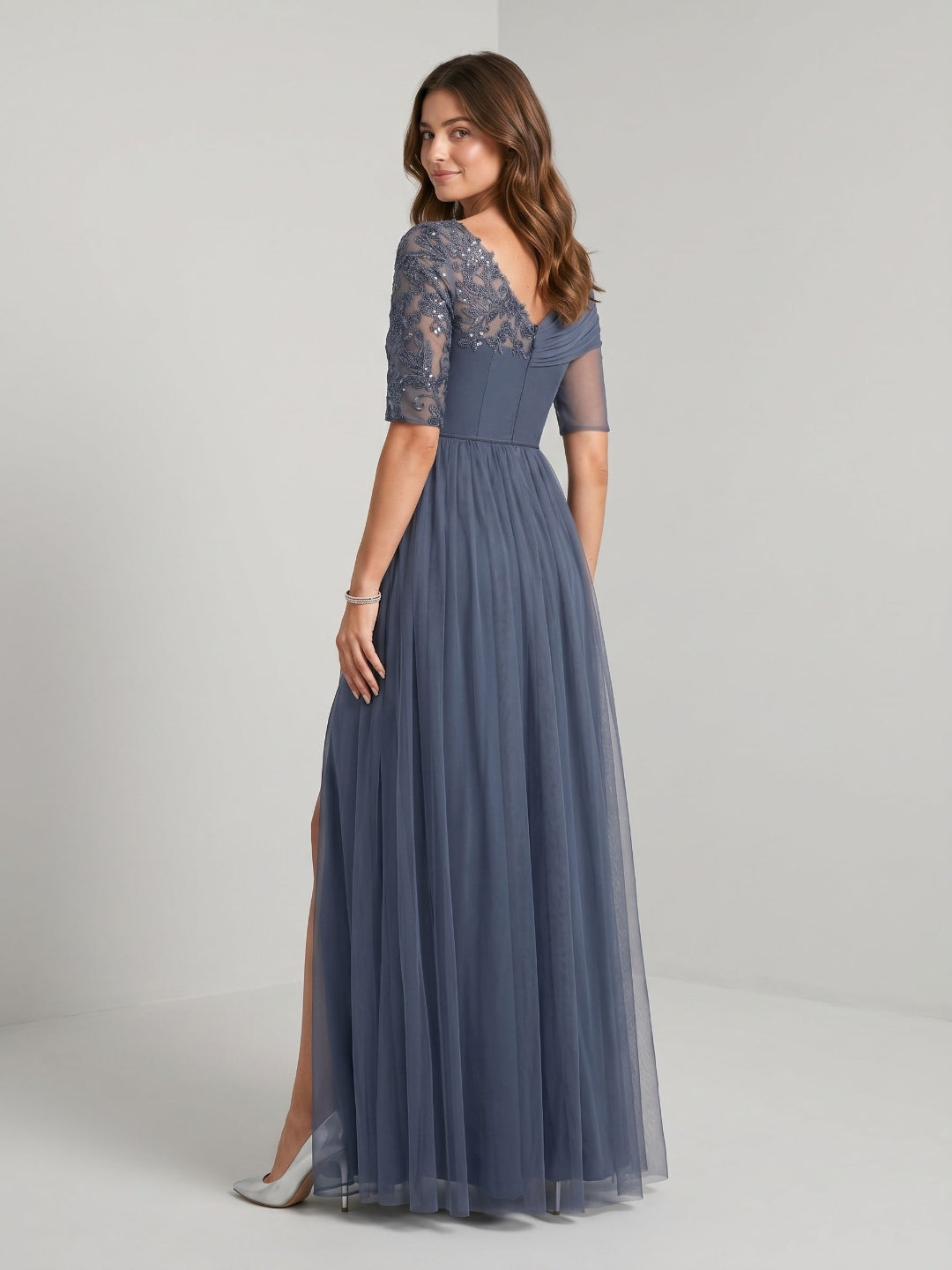 Stormy Chiffon A-Line Straight Neck Back Zip Floor-Length Dress with Sequins - Curvevia