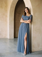 Stormy Chiffon A-Line Straight Neck Back Zip Floor-Length Dress with Sequins - Curvevia