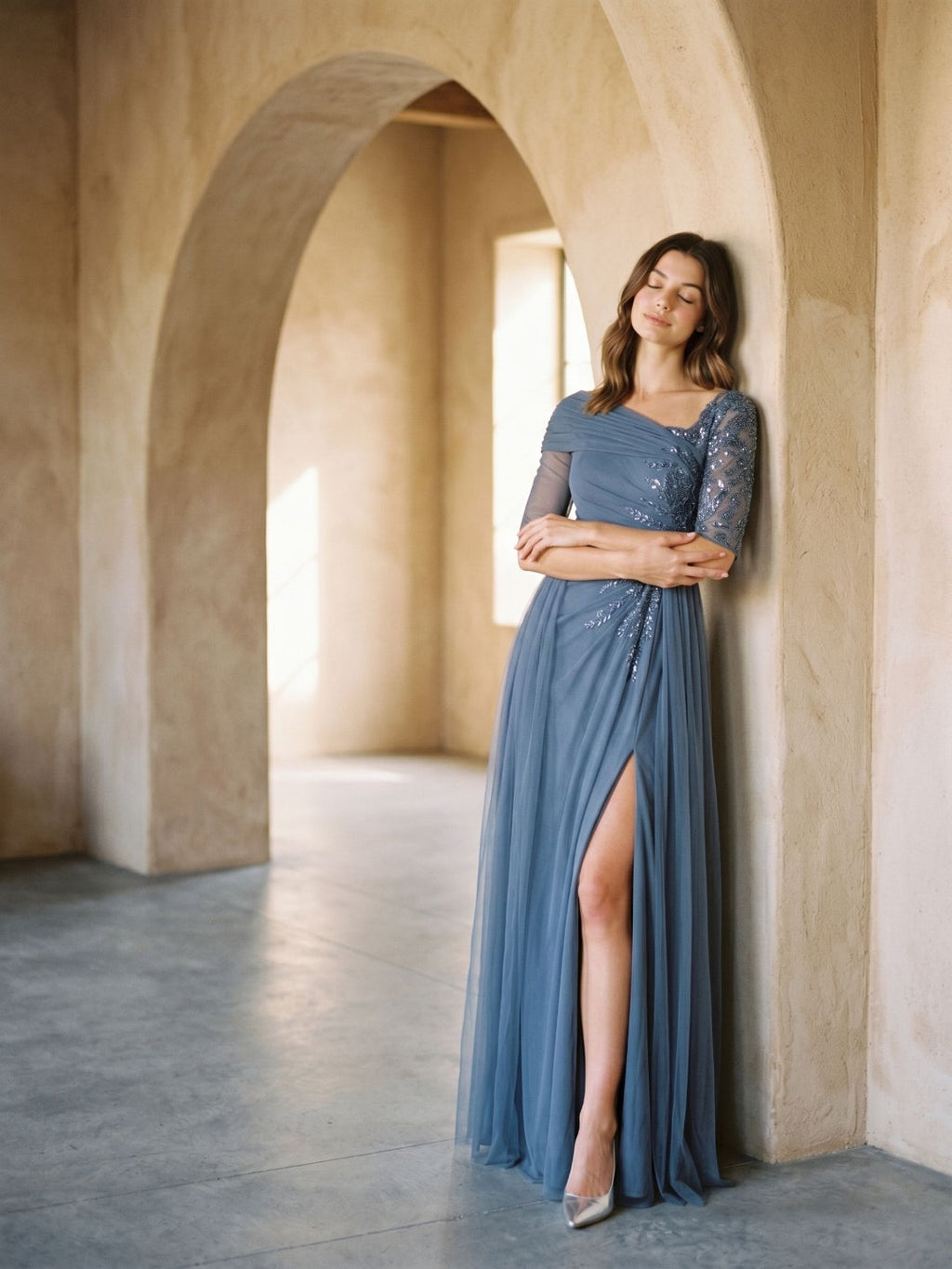 Stormy Chiffon A-Line Straight Neck Back Zip Floor-Length Dress with Sequins - Curvevia