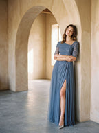 Stormy Chiffon A-Line Straight Neck Back Zip Floor-Length Dress with Sequins - Curvevia