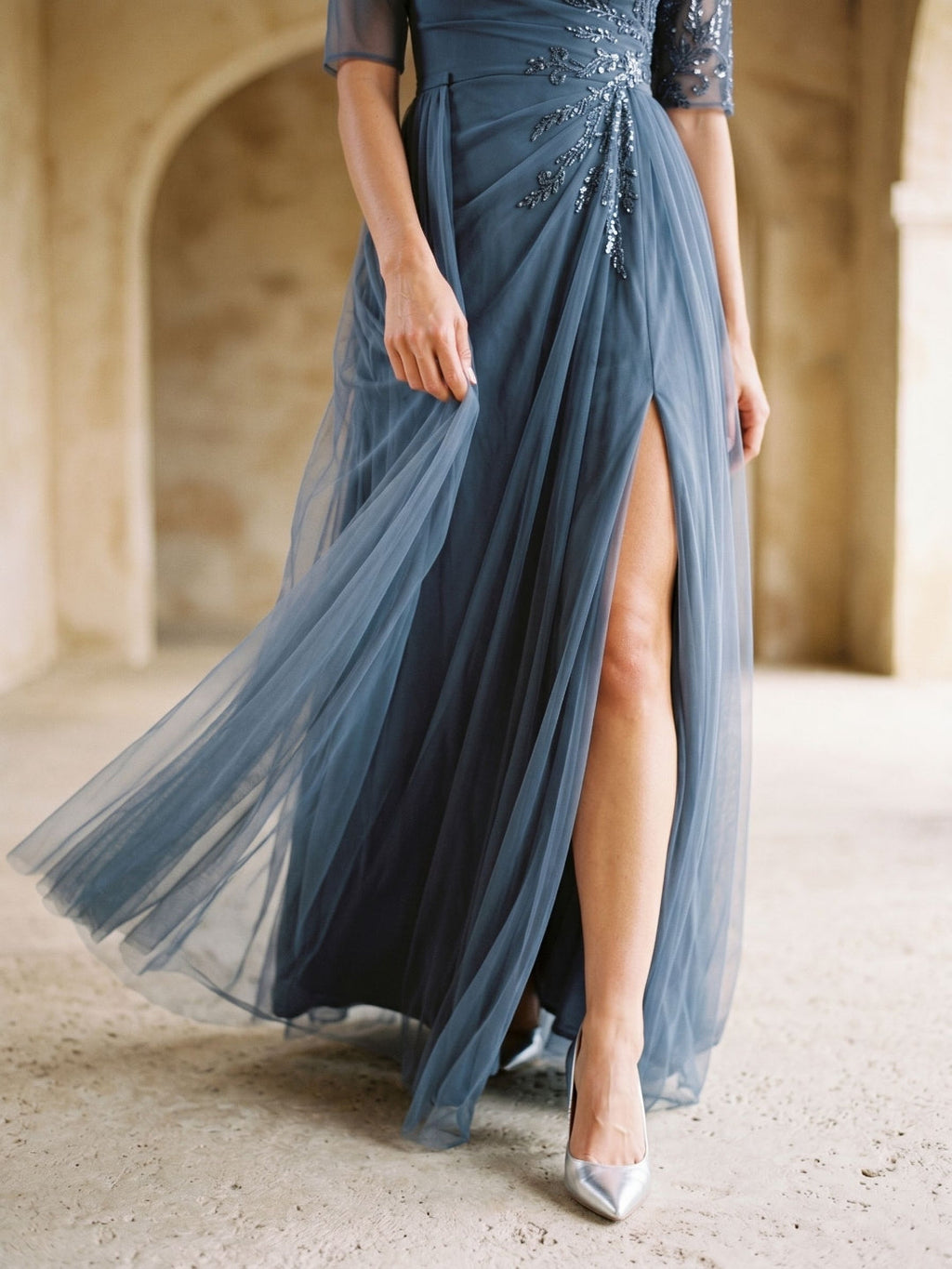 Stormy Chiffon A-Line Straight Neck Back Zip Floor-Length Dress with Sequins - Curvevia