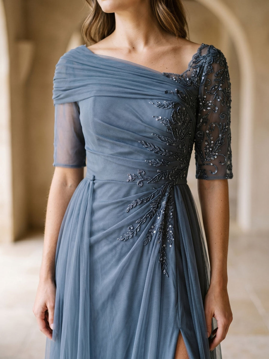 Stormy Chiffon A-Line Straight Neck Back Zip Floor-Length Dress with Sequins - Curvevia