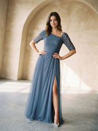 Stormy Chiffon A-Line Straight Neck Back Zip Floor-Length Dress with Sequins - Curvevia