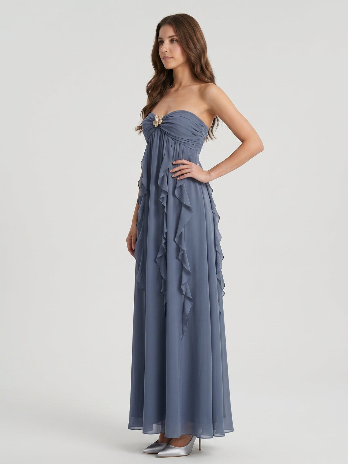 Stormy Chiffon Sheath Sweetheart Back Zip Floor-Length Bridesmaid Dress with Ruffle - Curvevia