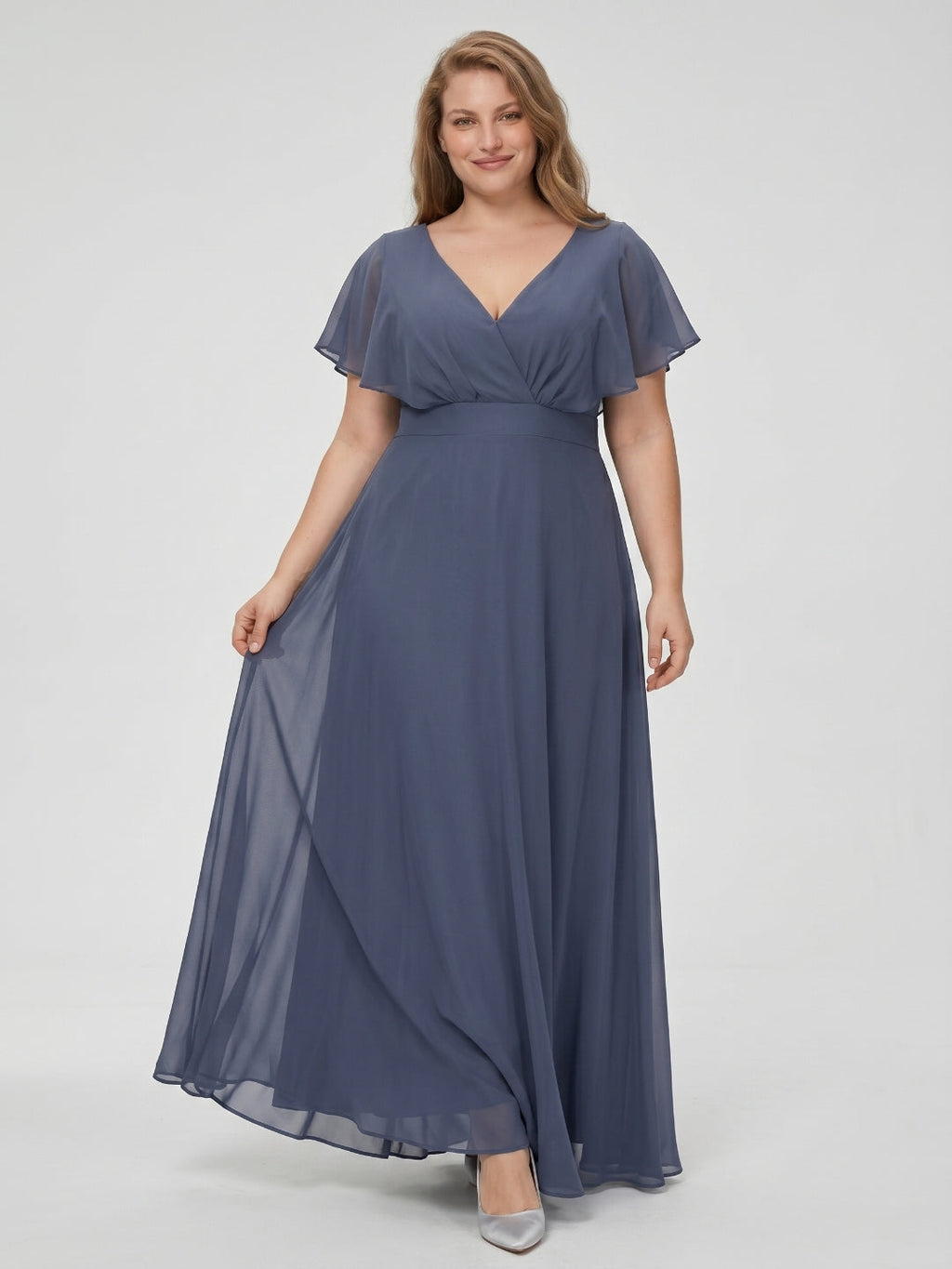 Stormy Chiffon V-Neck Back Zip A-Line Ankle-Length Plus Size Bridesmaid Dress - Curvevia