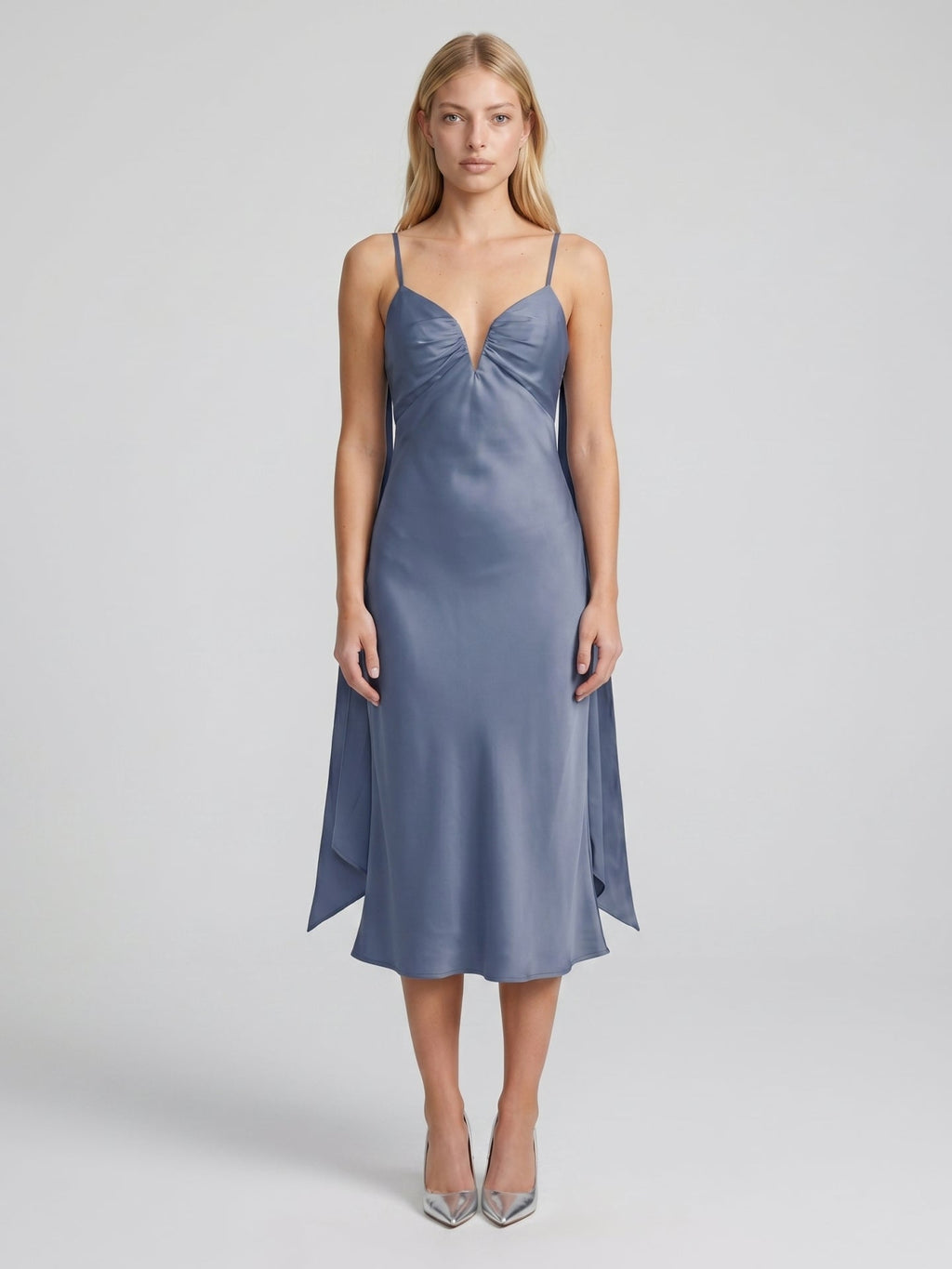 Stormy Matte Satin A-Line V-Neck Back Zip Tea-Length Bridesmaid Dress - Curvevia