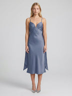 Stormy Matte Satin A-Line V-Neck Back Zip Tea-Length Bridesmaid Dress - Curvevia