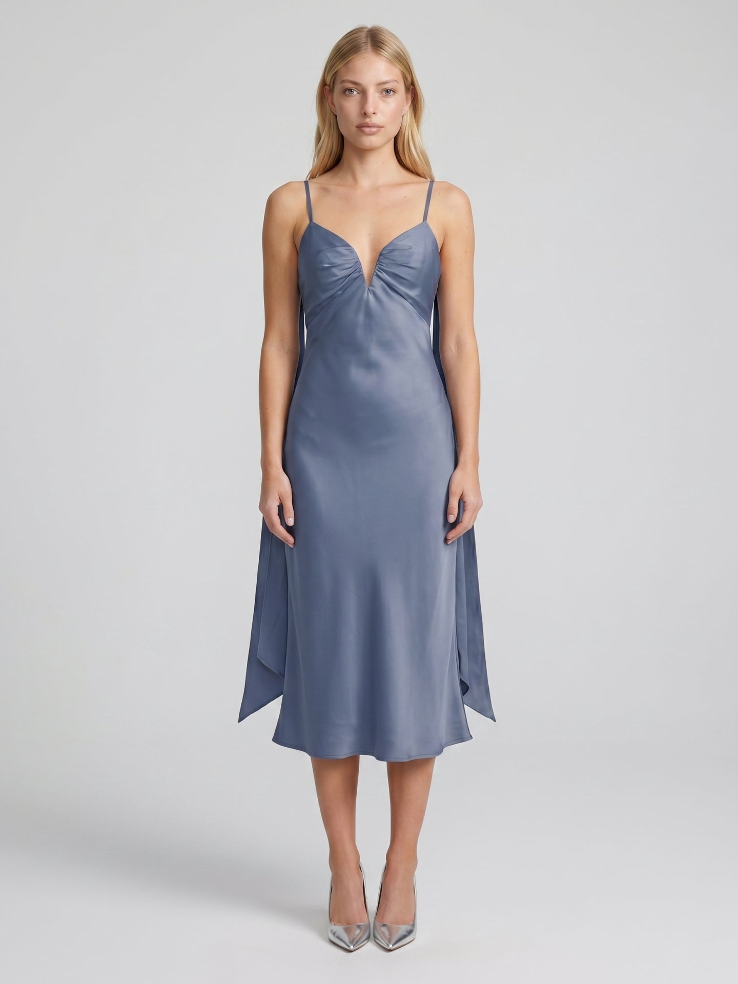 Stormy Matte Satin A-Line V-Neck Back Zip Tea-Length Bridesmaid Dress - Curvevia