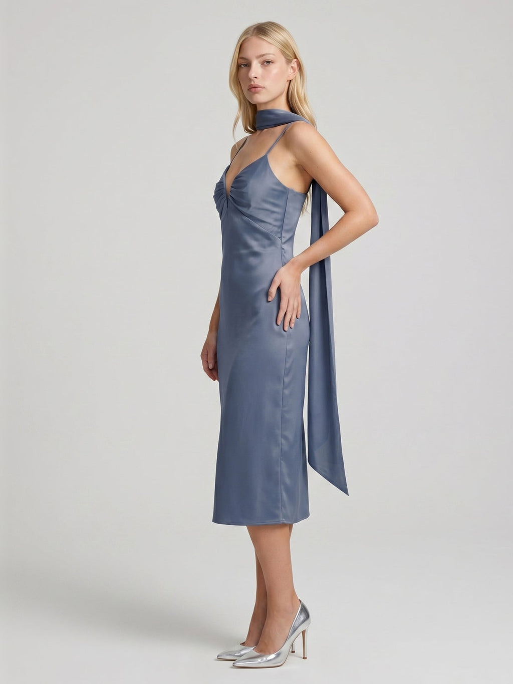 Stormy Matte Satin A-Line V-Neck Back Zip Tea-Length Bridesmaid Dress - Curvevia