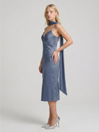 Stormy Matte Satin A-Line V-Neck Back Zip Tea-Length Bridesmaid Dress - Curvevia