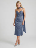 Stormy Matte Satin A-Line V-Neck Back Zip Tea-Length Bridesmaid Dress - Curvevia