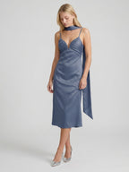 Stormy Matte Satin A-Line V-Neck Back Zip Tea-Length Bridesmaid Dress - Curvevia