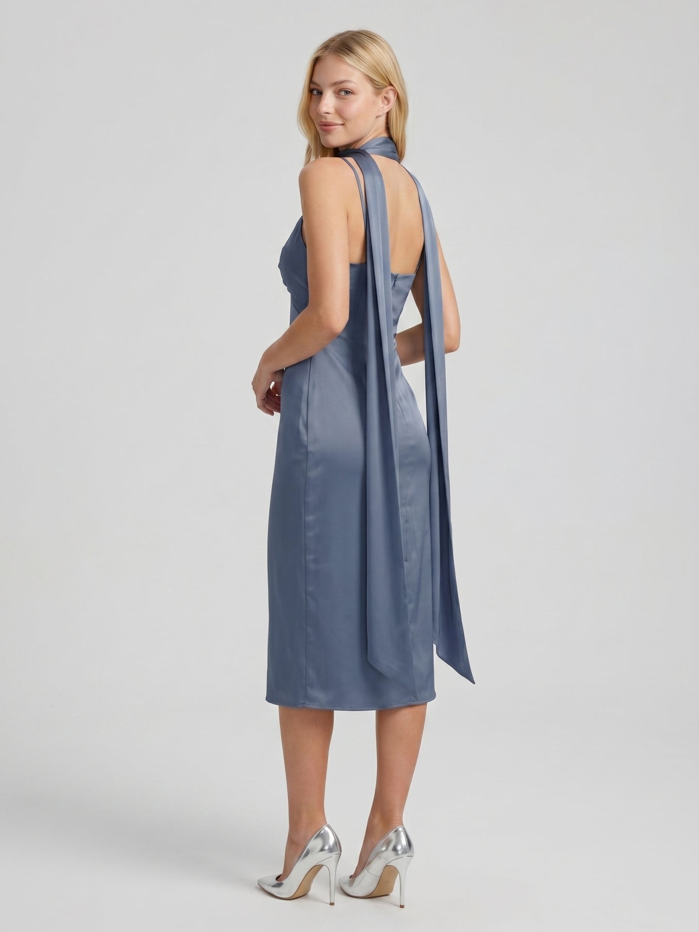 Stormy Matte Satin A-Line V-Neck Back Zip Tea-Length Bridesmaid Dress - Curvevia