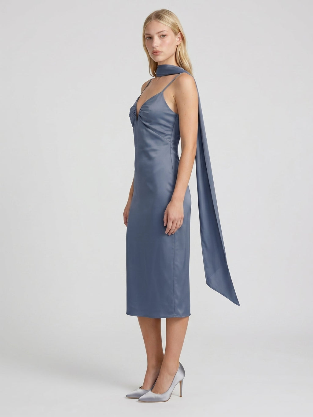 Stormy Matte Satin A-Line V-Neck Back Zip Tea-Length Bridesmaid Dress - Curvevia