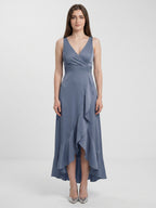 Stormy Matte Satin A-Line V-Neck V-Back Asymmetrical Bridesmaid Dress - Curvevia