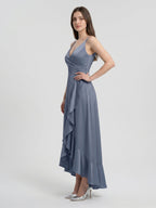 Stormy Matte Satin A-Line V-Neck V-Back Asymmetrical Bridesmaid Dress - Curvevia