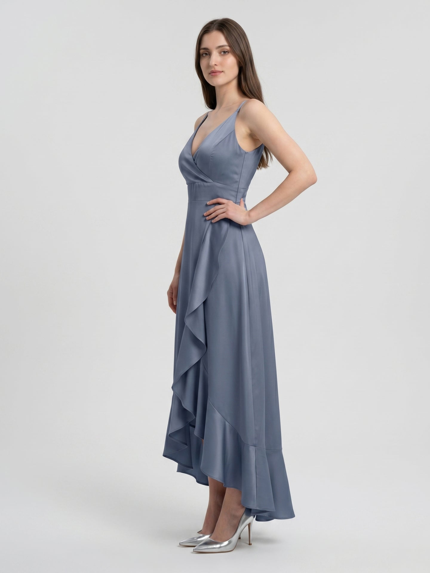 Stormy Matte Satin A-Line V-Neck V-Back Asymmetrical Bridesmaid Dress - Curvevia